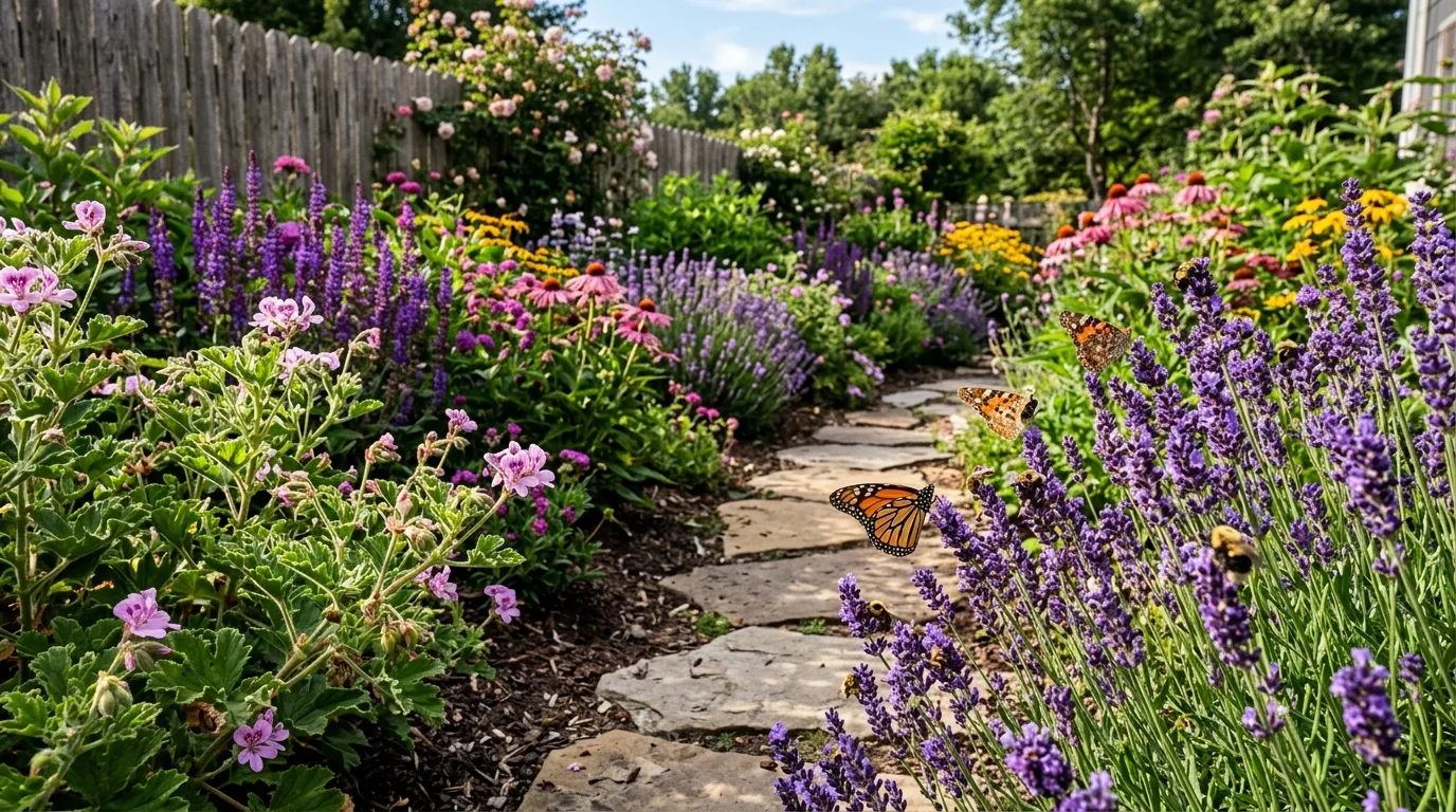 Scented Geraniums and Lavender in a Perennial Garden